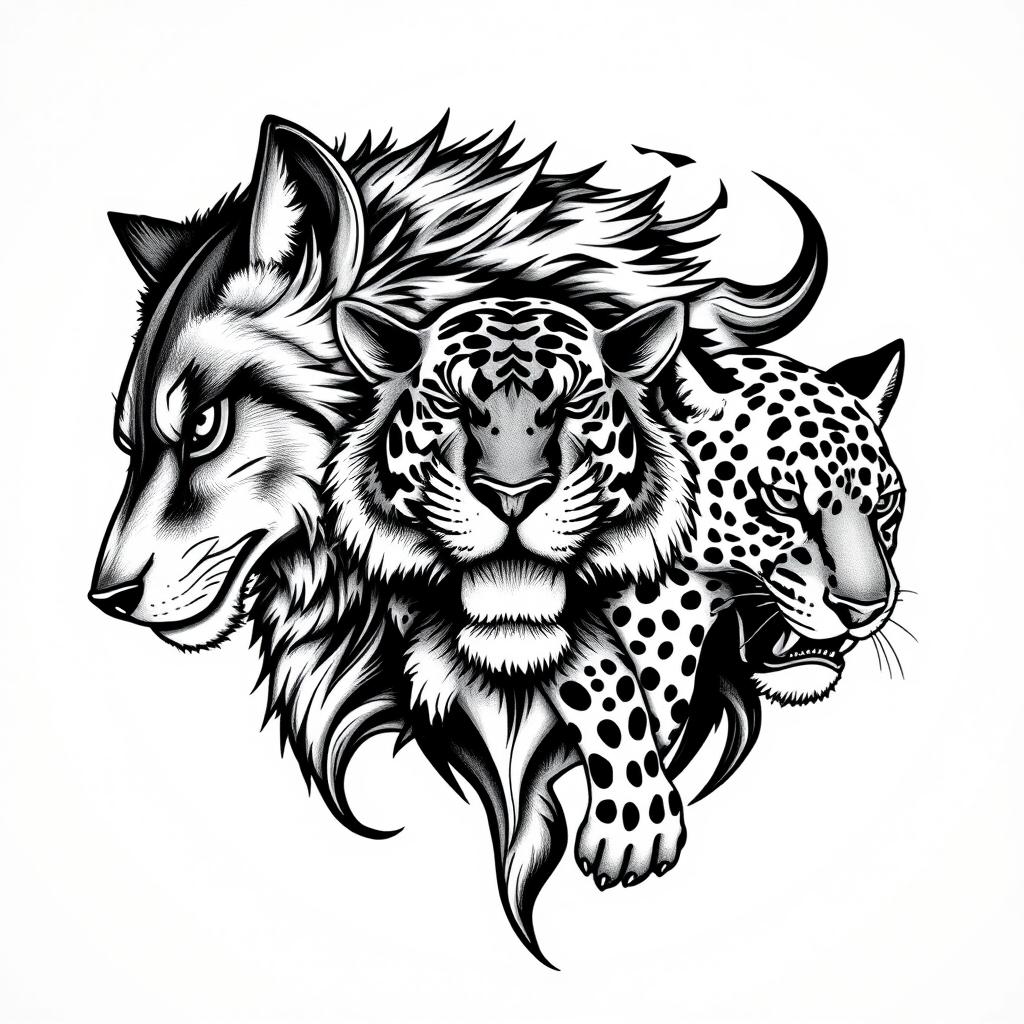 A striking black and white tattoo design featuring a powerful Lobo (wolf), a majestic Tigre (tiger), and a fierce Onça Pintada (jaguar)