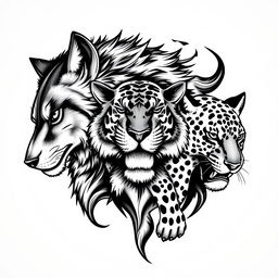 A striking black and white tattoo design featuring a powerful Lobo (wolf), a majestic Tigre (tiger), and a fierce Onça Pintada (jaguar)