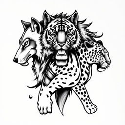 A striking black and white tattoo design featuring a powerful Lobo (wolf), a majestic Tigre (tiger), and a fierce Onça Pintada (jaguar)