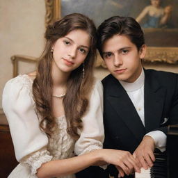 Revise the previous image. The young girl and boy are now in their early 20s. Their features are more mature and they possess the stylish clothing and hairstyles of Italian youth. The piano and romantic Italian backdrop remain.