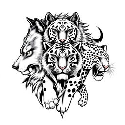 A striking black and white tattoo design featuring a powerful Lobo (wolf), a majestic Tigre (tiger), and a fierce Onça Pintada (jaguar)