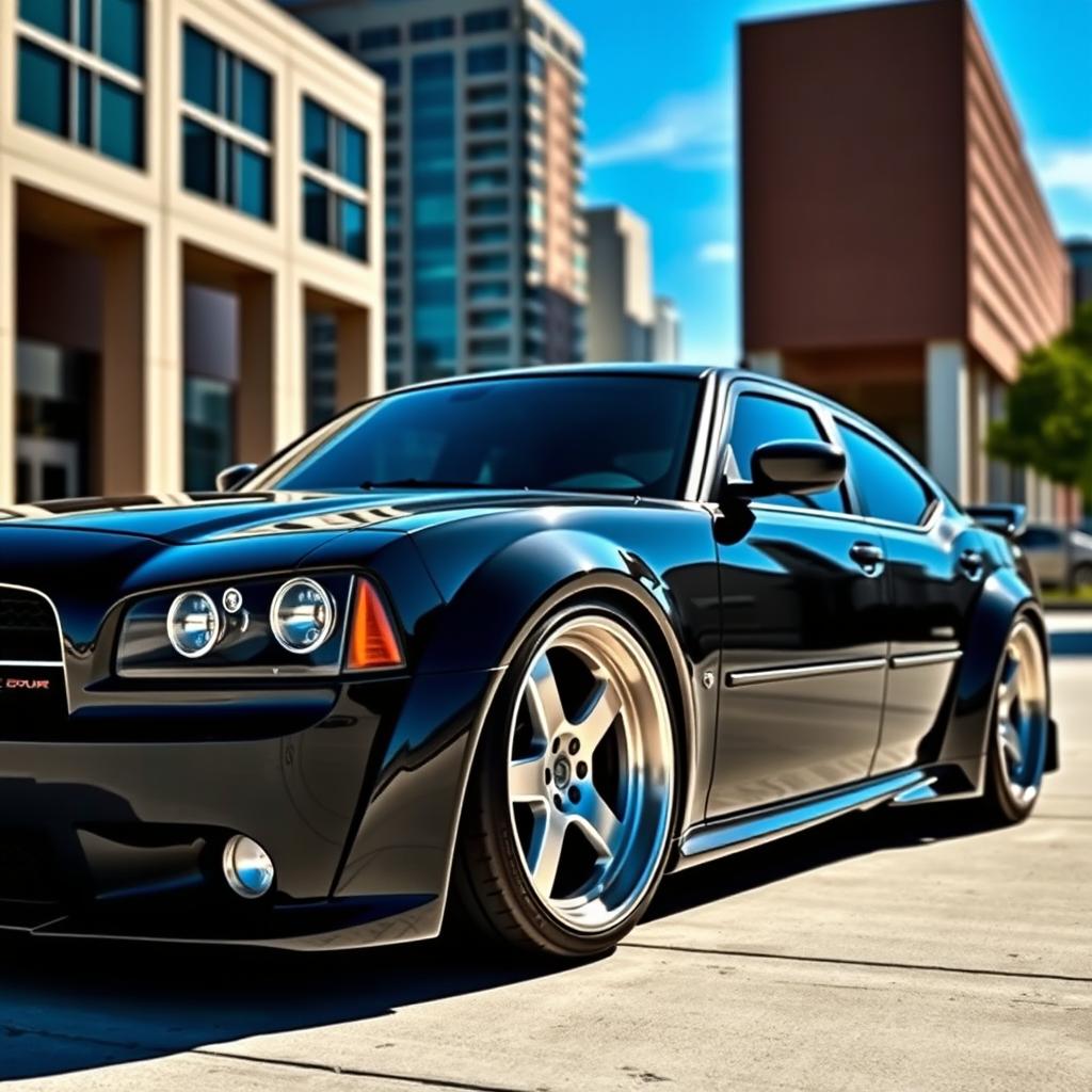 A modified 2007 Dodge Charger featuring wide fenders and big flares, showcasing its aggressive stance