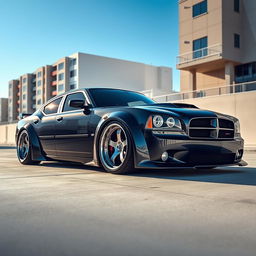 A modified 2007 Dodge Charger featuring wide fenders and big flares, showcasing its aggressive stance