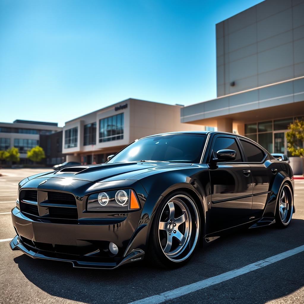 A modified 2007 Dodge Charger featuring wide fenders and big flares, showcasing its aggressive stance