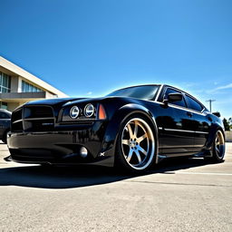 A modified 2007 Dodge Charger featuring wide fenders and big flares, showcasing its aggressive stance