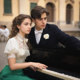 Revise the previous image. The young girl and boy are now in their early 20s. Their features are more mature and they possess the stylish clothing and hairstyles of Italian youth. The piano and romantic Italian backdrop remain.