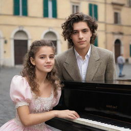 Revise the previous image. The young girl and boy are now in their early 20s. Their features are more mature and they possess the stylish clothing and hairstyles of Italian youth. The piano and romantic Italian backdrop remain.