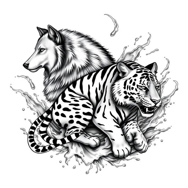 A stunning black and white tattoo design featuring a realistic portrayal of a Lobo (wolf), a Tigre (tiger), and an Onça Pintada (jaguar), all interacting with flowing water