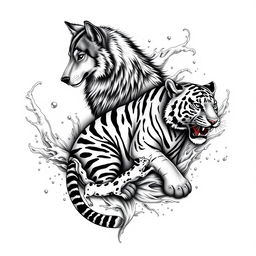 A stunning black and white tattoo design featuring a realistic portrayal of a Lobo (wolf), a Tigre (tiger), and an Onça Pintada (jaguar), all interacting with flowing water