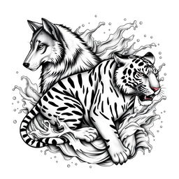 A stunning black and white tattoo design featuring a realistic portrayal of a Lobo (wolf), a Tigre (tiger), and an Onça Pintada (jaguar), all interacting with flowing water