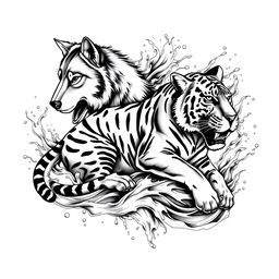 A stunning black and white tattoo design featuring a realistic portrayal of a Lobo (wolf), a Tigre (tiger), and an Onça Pintada (jaguar), all interacting with flowing water