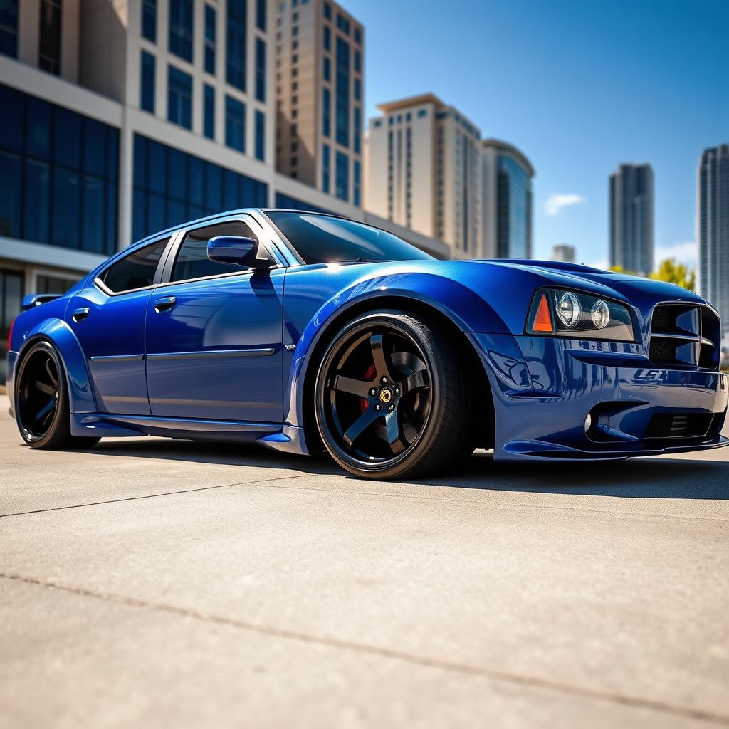 A customized 2007 Dodge Charger with wide fenders and big flares, showcasing its aggressive stance