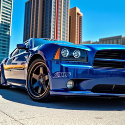 A customized 2007 Dodge Charger with wide fenders and big flares, showcasing its aggressive stance