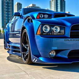 A customized 2007 Dodge Charger with wide fenders and big flares, showcasing its aggressive stance