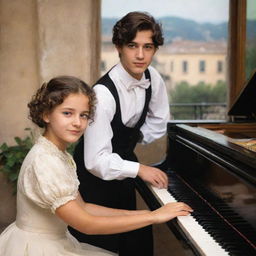 Revise the previous image. The young girl and boy are now in their early 20s. Their features are more mature and they possess the stylish clothing and hairstyles of Italian youth. The piano and romantic Italian backdrop remain.