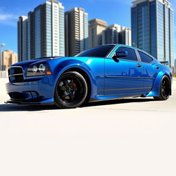 A customized 2007 Dodge Charger with wide fenders and big flares, showcasing its aggressive stance