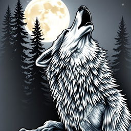 A highly realistic tattoo design featuring a howling wolf