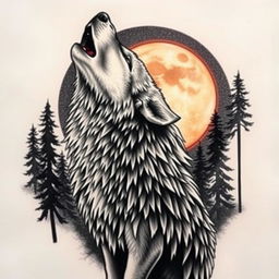 A highly realistic tattoo design featuring a howling wolf