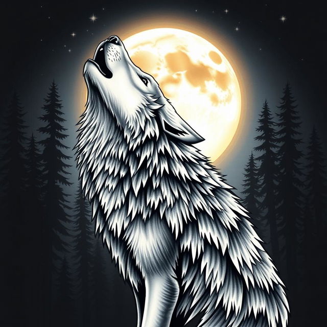 A highly realistic tattoo design featuring a howling wolf