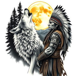 A highly realistic tattoo design featuring a howling wolf alongside a Native American warrior