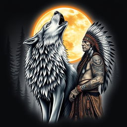 A highly realistic tattoo design featuring a howling wolf alongside a Native American warrior