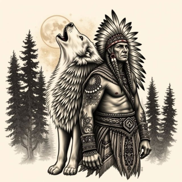 A highly realistic tattoo design featuring a howling wolf alongside a Native American warrior