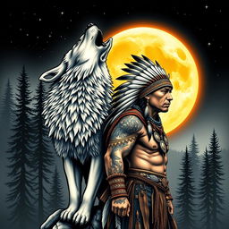 A highly realistic tattoo design featuring a howling wolf alongside a Native American warrior