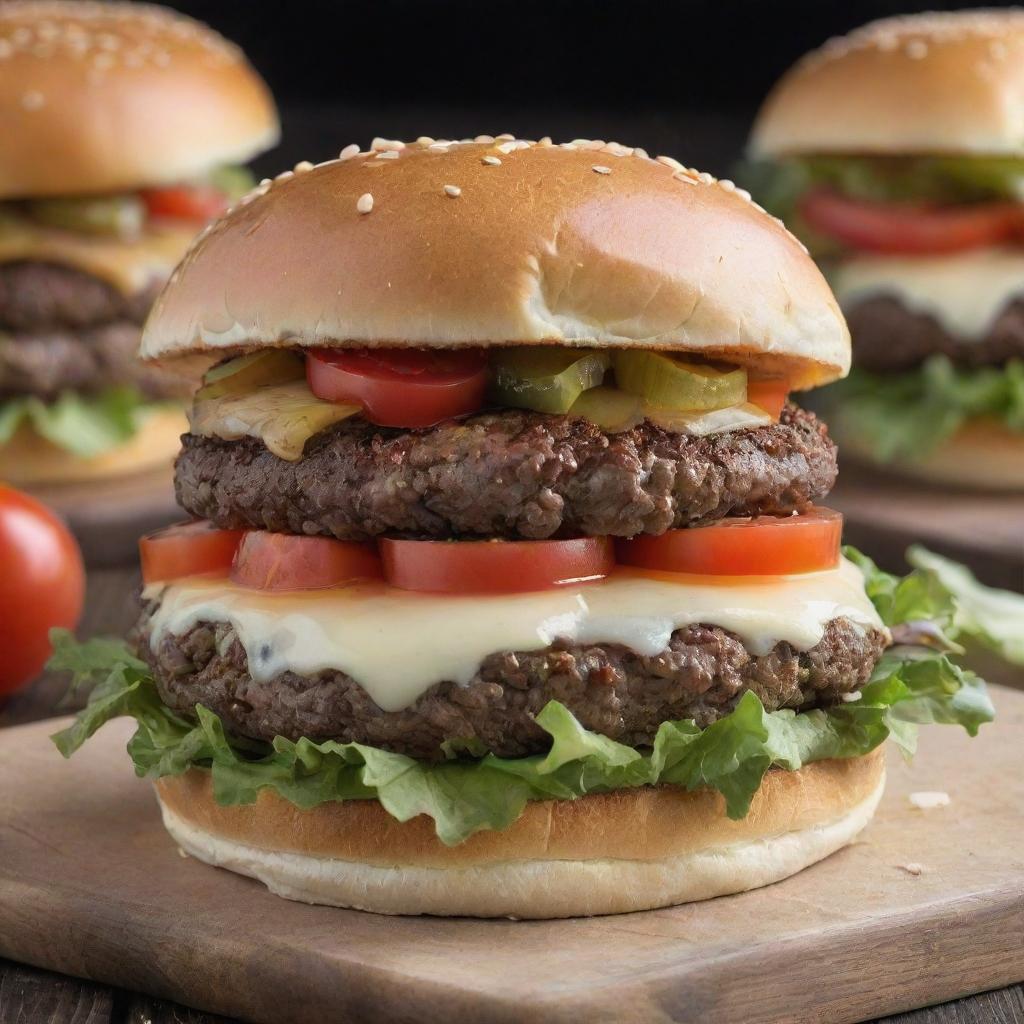 A juicy, delicious hamburger crowned with melted cheese, freshly sliced tomatoes, crispy lettuce and onions, all carefully placed between two perfectly toasted buns.