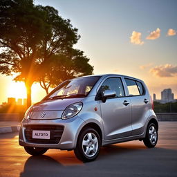 A sleek and stylish Suzuki Maruti Alto 2009 model parked under a vibrant sunset, showcasing its compact design and smooth curves