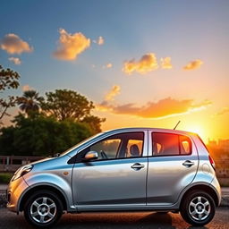 A sleek and stylish Suzuki Maruti Alto 2009 model parked under a vibrant sunset, showcasing its compact design and smooth curves