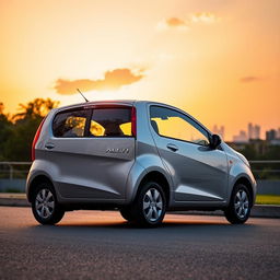 A sleek and stylish Suzuki Maruti Alto 2009 model parked under a vibrant sunset, showcasing its compact design and smooth curves