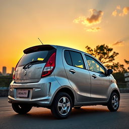 A sleek and stylish Suzuki Maruti Alto 2009 model parked under a vibrant sunset, showcasing its compact design and smooth curves