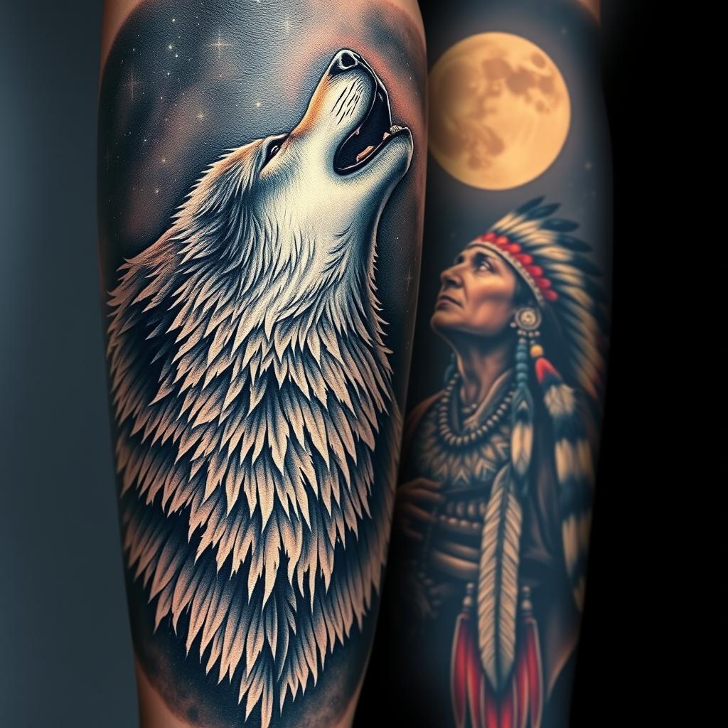 A highly realistic arm tattoo design featuring a majestic wolf howling alongside a native American Indian figure