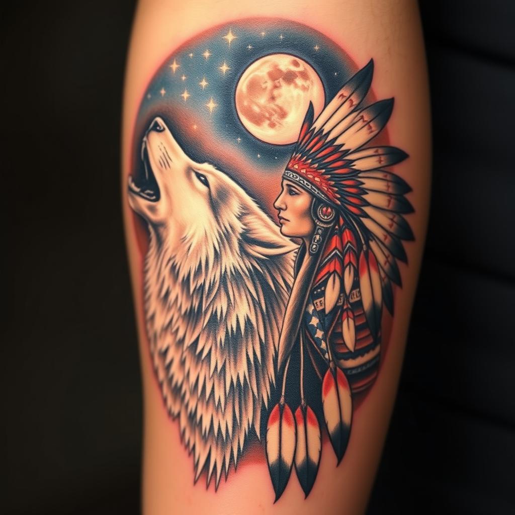 A highly realistic arm tattoo design featuring a majestic wolf howling alongside a native American Indian figure