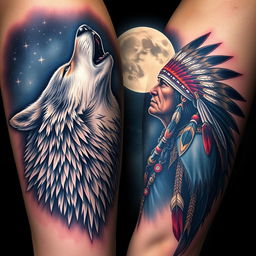 A highly realistic arm tattoo design featuring a majestic wolf howling alongside a native American Indian figure