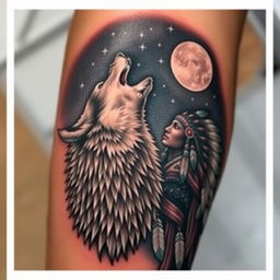 A highly realistic arm tattoo design featuring a majestic wolf howling alongside a native American Indian figure