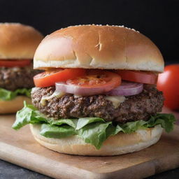 A juicy, delicious hamburger crowned with melted cheese, freshly sliced tomatoes, crispy lettuce and onions, all carefully placed between two perfectly toasted buns.