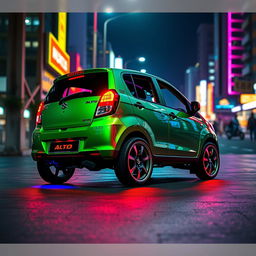 A Suzuki Maruti Alto 2009 made in India, featuring elevated high wheels and vibrant neon accents