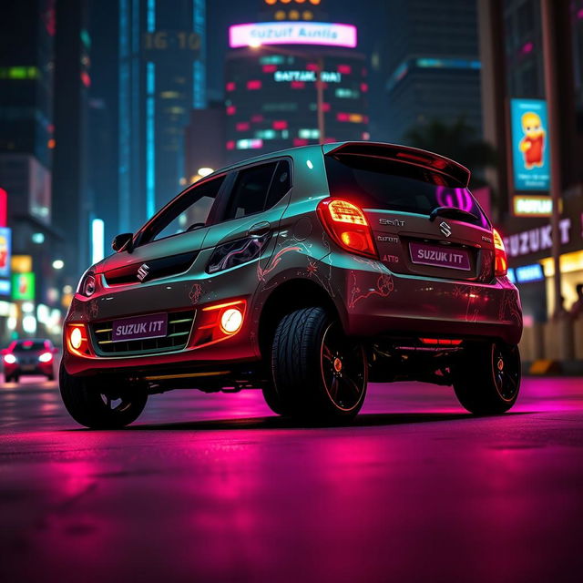 A Suzuki Maruti Alto 2009 made in India, featuring elevated high wheels and vibrant neon accents