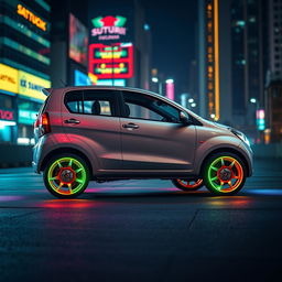 A Suzuki Maruti Alto 2009 made in India, featuring elevated high wheels and vibrant neon accents