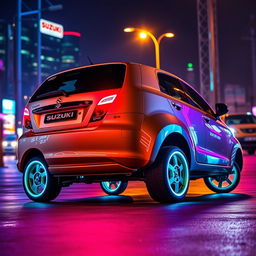 A Suzuki Maruti Alto 2009 made in India, featuring elevated high wheels and vibrant neon accents