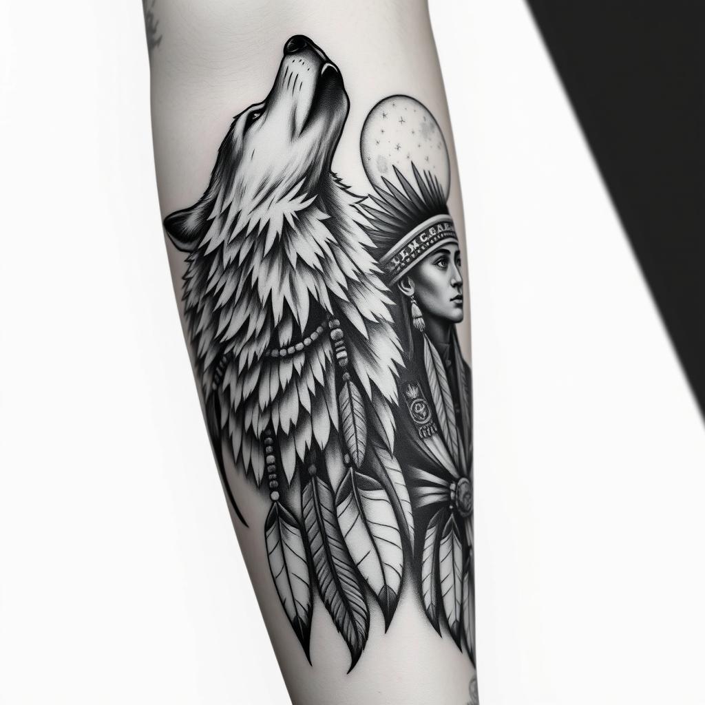 A highly realistic black and white arm tattoo design depicting a wolf howling alongside a shamanic Indian figure (pajé) in traditional attire