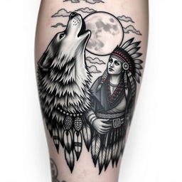 A highly realistic black and white arm tattoo design depicting a wolf howling alongside a shamanic Indian figure (pajé) in traditional attire