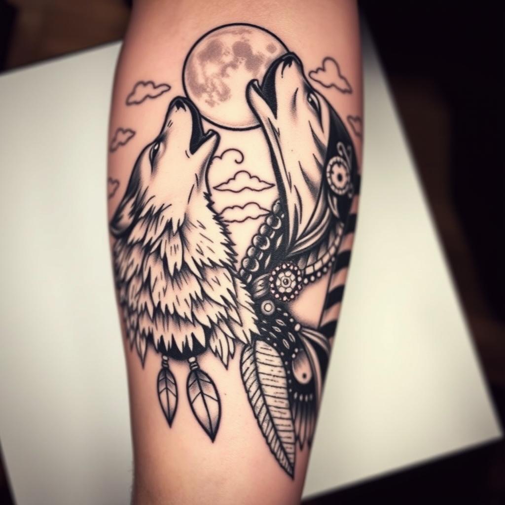 A highly realistic black and white arm tattoo design depicting a wolf howling alongside a shamanic Indian figure (pajé) in traditional attire