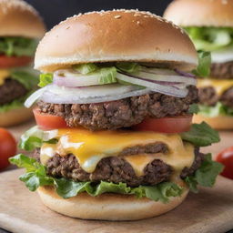 A juicy, delicious hamburger crowned with melted cheese, freshly sliced tomatoes, crispy lettuce and onions, all carefully placed between two perfectly toasted buns.