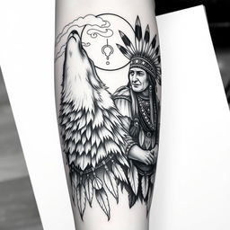 A highly realistic black and white arm tattoo design depicting a wolf howling alongside a shamanic Indian figure (pajé) in traditional attire