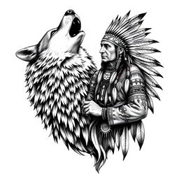 An intricately realistic black and white tattoo design featuring a wolf howling alongside a shamanic Indian figure (pajé)