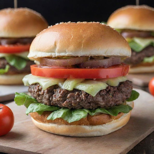 A juicy, delicious hamburger crowned with melted cheese, freshly sliced tomatoes, crispy lettuce and onions, all carefully placed between two perfectly toasted buns.