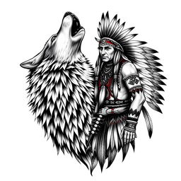 An intricately realistic black and white tattoo design featuring a wolf howling alongside a shamanic Indian figure (pajé)