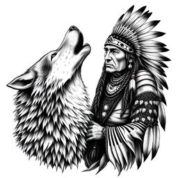 An intricately realistic black and white tattoo design featuring a wolf howling alongside a shamanic Indian figure (pajé)